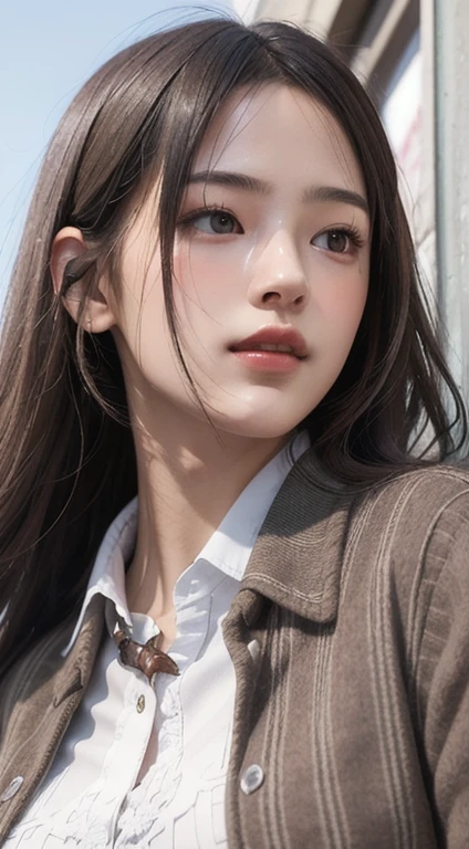 Photorealistic, masutepiece, Best Quality, Raw photo, 1girl in, Solo, Long hair, Brown hair, Detailed face, alluring face, Collared shirt, medium breasts, Dynamic Pose, Looking at Viewer, From below, Detailed background, fine detailed, intricate detailes, Ray tracing, depth of fields, lowkey, nffsw