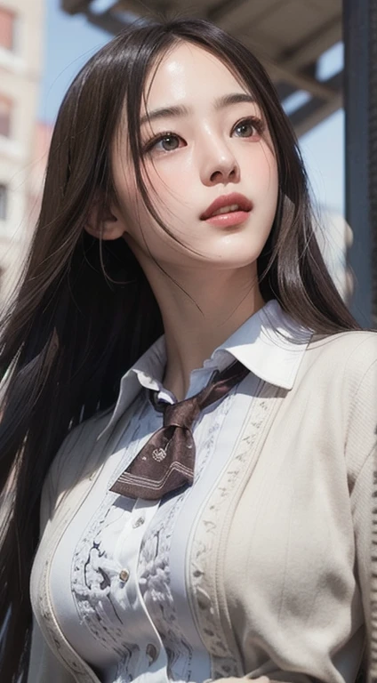 Photorealistic, masutepiece, Best Quality, Raw photo, 1girl in, Solo, Long hair, Brown hair, Detailed face, alluring face, Collared shirt, medium breasts, Dynamic Pose, Looking at Viewer, From below, Detailed background, fine detailed, intricate detailes, Ray tracing, depth of fields, lowkey, nffsw