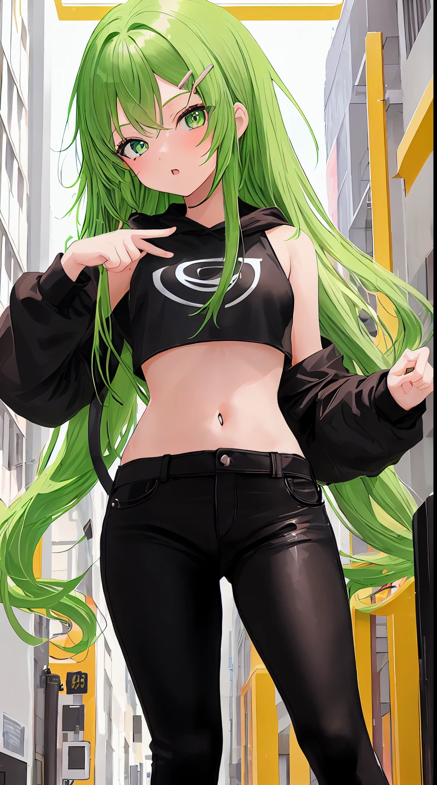 ((1girl)),((alone)),C.C., ( Code Geass),(masterpiece), (best quality), (ultra detailed), (best illustration), (best shadow), (absurdities), sharp focus , cowboy shot, atmospheric perspective, depth of field, dynamic posture, ((looking at viewer)), medium breasts, narrow waist, wide hips, wide thighs, round butt, erotic, romantic, (very detailed eyes, lips 1.1) , very detailed eyes, eyes, Very detailed face, Very beautiful face, Symmetrical face, Aesthetic face, perfect face, perfect eyes, detailed eyelashes: 1.5), full height, beautiful slim figure, femininity, expressive appearance, elastic medium breasts, sexuality ,parted lips,orange eyes, long hair, green hair, ((white short jacket:1.4)), ((open jacket)), ((black sports bra:1.3)),((neckline:1.3)), (( collarbone)), ((black pants yoga pants:1.4)), thigh gap, thick thighs, ((black pants)), (socks: 1.2), (white socks: 1.1), ((white sneakers:1.2 )), ,\(code geass\),curves, defined body,Perfect and beautiful body, perfect and beautiful, closed mouth, expressionless, frowning, blushing,(sexy pose: 1.2), ((solo)), standing: 1.4,((outdoor, cybeppunk landscape, cityscape, cybeppunk city, neon lights, night, city lights)), Looking back, from behind, ((centered on ass:1.4)), point of view: (from below), perfect anatomy, perfect hands