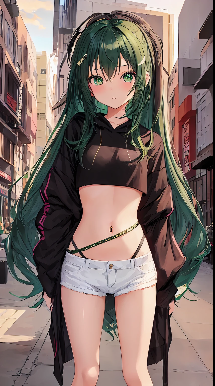 10 year old, 1girl, young girl, anime style, skinny body, Anime young girl wearing crop top black hoodie, skinny jeans pants, blue long hair with hair-clip, green eyes colour, pose picture of her cute pose, straight on street of towers, anime art wallpaper, detailed, 8k, high quality
