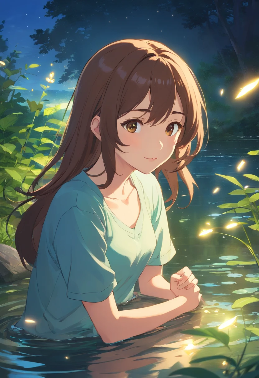 tmasterpiece,best qualtiy,cinematic Film still from,1girl,ln the forest,Fireflies floating in the air,closeup cleavage,Halo,cheerfulness,Warm and soft lighting,the night,(spark of light:0.7)sitting at a pond,Staring at the cat,long brown curly hair,long whitr hair,having fun,is shy