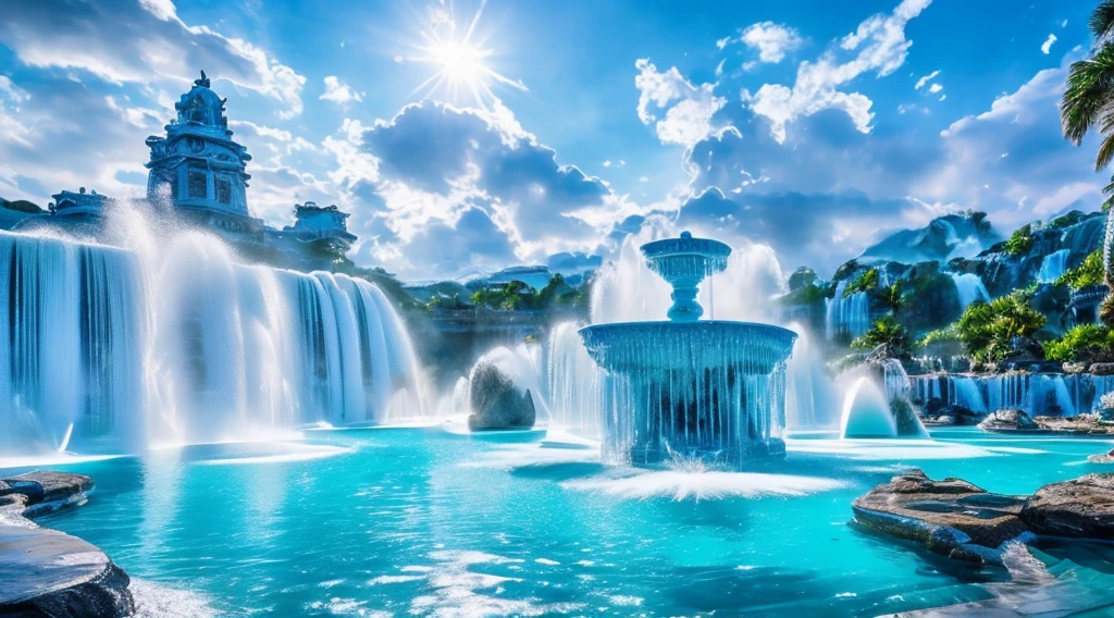 Light blue-white tones，Gorgeous interior space，Blend in with the beautiful white building，All white interior fantasy scene，((Super spectacular fountain))，(Super rich fountain)，Fountains at different levels，Transformation crystal，Ice crystals，Super quality，tmasterpiece，Super refined，A lot of detail，Splashing water droplets，feeling of mist，water vapor eruption