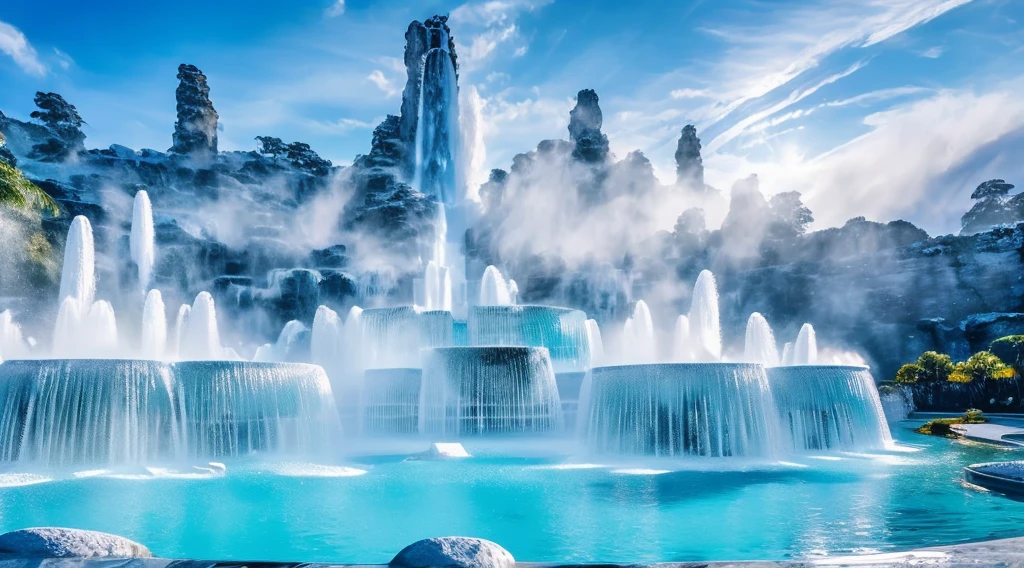 Light blue-white tones，fantastical scenes，(Super spectacular fountain)，(Super rich fountain)，Waterfall fountains at different levels，Transformation crystal，Ice crystals，Super quality，tmasterpiece，Super refined，A lot of detail，splashing water droplets，Feeling of mist，water vapor eruption