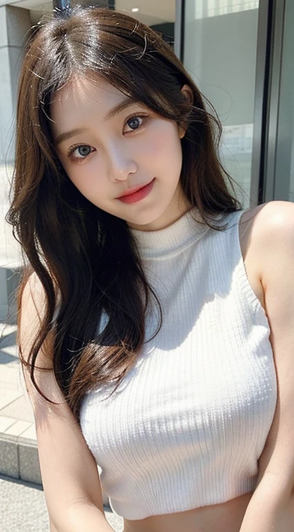 masutepiece, Best Quality, Photorealsitic, finely detail, hight resolution, 8K Wallpapers, Perfect dynamic composition, Beautiful detailed eyes, Medium Hair, large full breasts, Random and sexy poses,Bring your chest together、(Mock Neck Crop Tank Top White Knitwear、Cleavage looks realistic)、(Breast bulge 1.2)、A smile、open open mouth、Resort scenery、23years old、(Drooping eyes 1.4)、Adult beauty、japanes