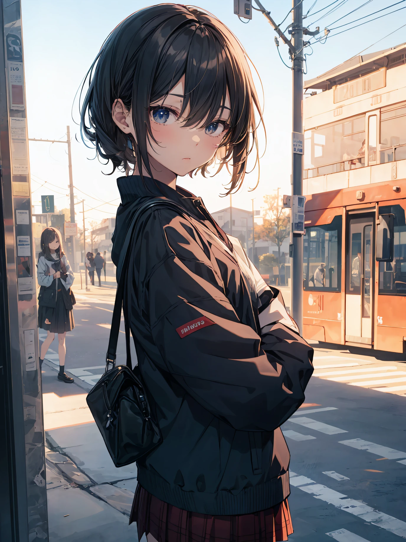 God quality, anime moe artstyle,best anime 8k konachan wallpaper,badass anime 8k,perfect anatomy, (Please draw a girl walking sleepily to school. ),break, 1girl, (Solo,Loli,,13-ye-ol3),a ior high sctudent, androgynous Very Short hair,parted bangs,(hair over one eye), Full limbs, complete fingers,flat chest, Small butt, groin, Small eyes,finely detailed beautiful black eyes,disgusted eyes, school Uniform, in the School commute route. break,ultra-detailed,high resolution,super detailed skin, professional lighting,8k eye details, (cool illustration:1.2),