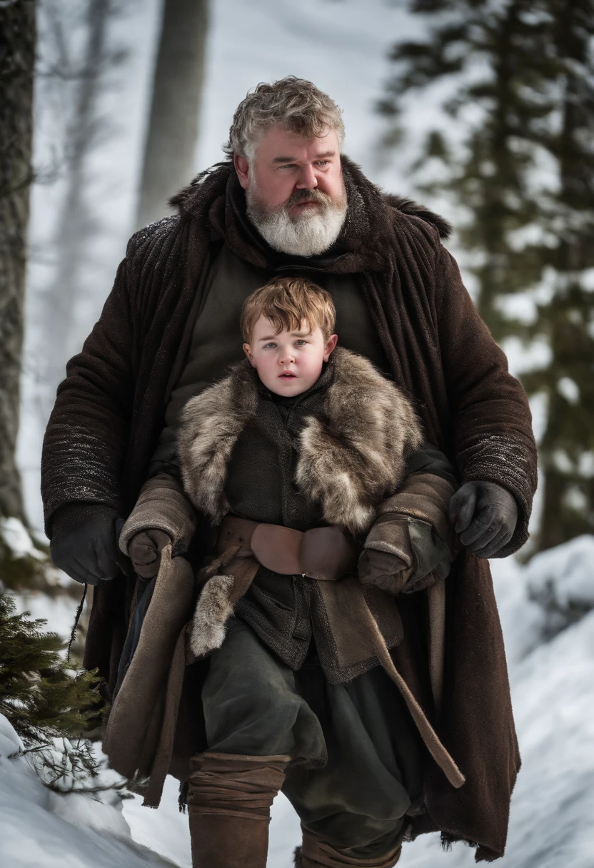 A photo of Hodor carrying Bran Stark on his back while trekking through the snowy path in the Frostfangs,Game of Thrones,Hodor, a beloved character from “Game of Thrones,” is notable for his towering height and robust build, giving him a gentle giant appearance. He has a simple, kind face, often marked by a look of confusion or contentment, and his clothing is typically plain and functional, suited to his role as a stable boy.