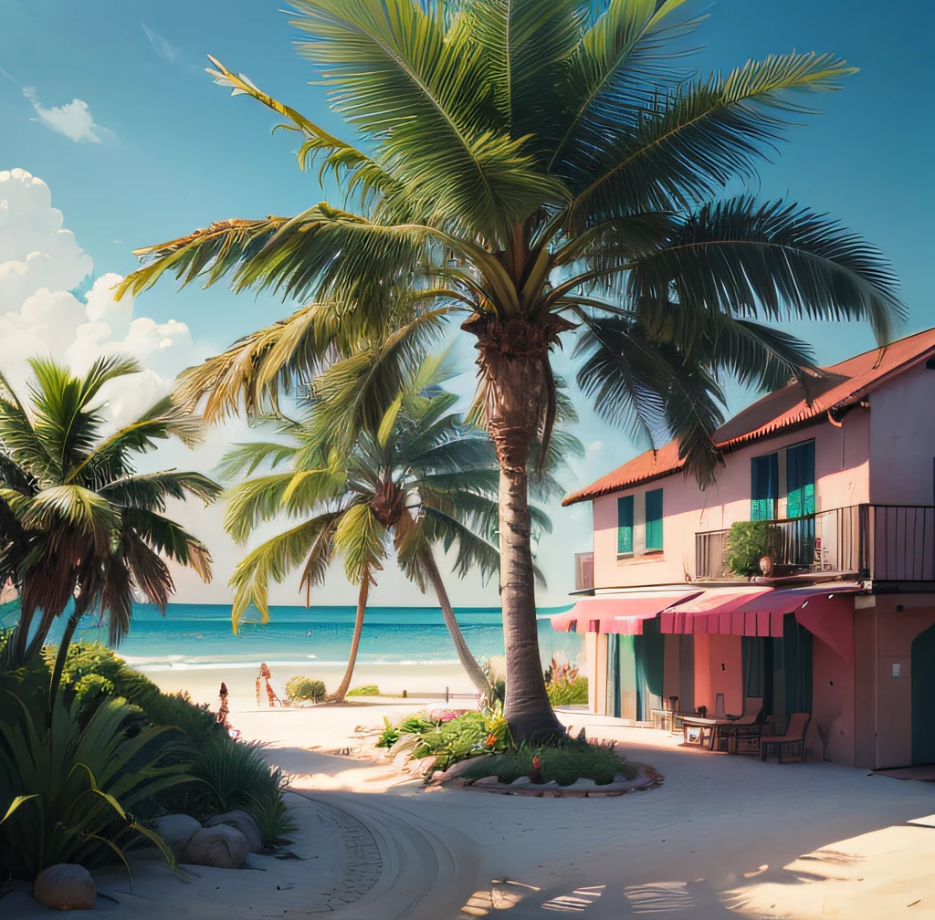 ((Best quality)), ((masterpiece)), (highly detailed:1.3),palm tree on a pink and blue background, tropical trees, tropical palms, palm trees, palm trees on the beach, coconut trees, palm trees in the background, tropical atmosphere,hyperrealistic,hyperrealism,hyperdetailed