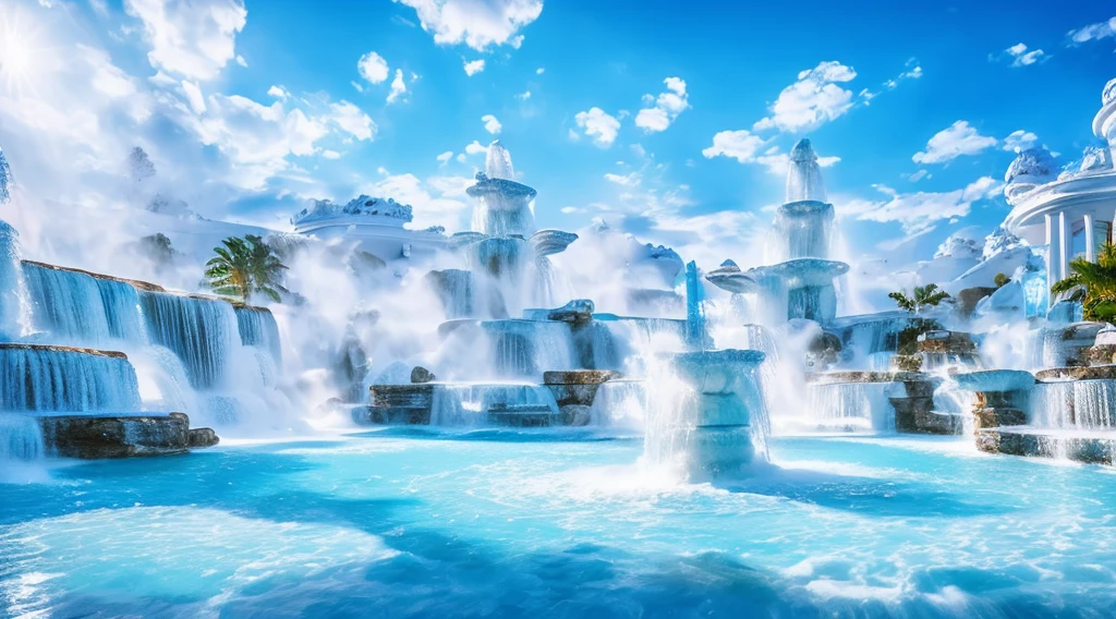 Light blue-white tones，Gorgeous interior space，Blend in with the beautiful white building，All white interior fantasy scene，((Super spectacular fountain))，(Super rich fountain)，Fountains at different levels，Transformation crystal，Ice crystals，Super quality，tmasterpiece，Super refined，A lot of detail，Splashing water droplets，feeling of mist，water vapor eruption