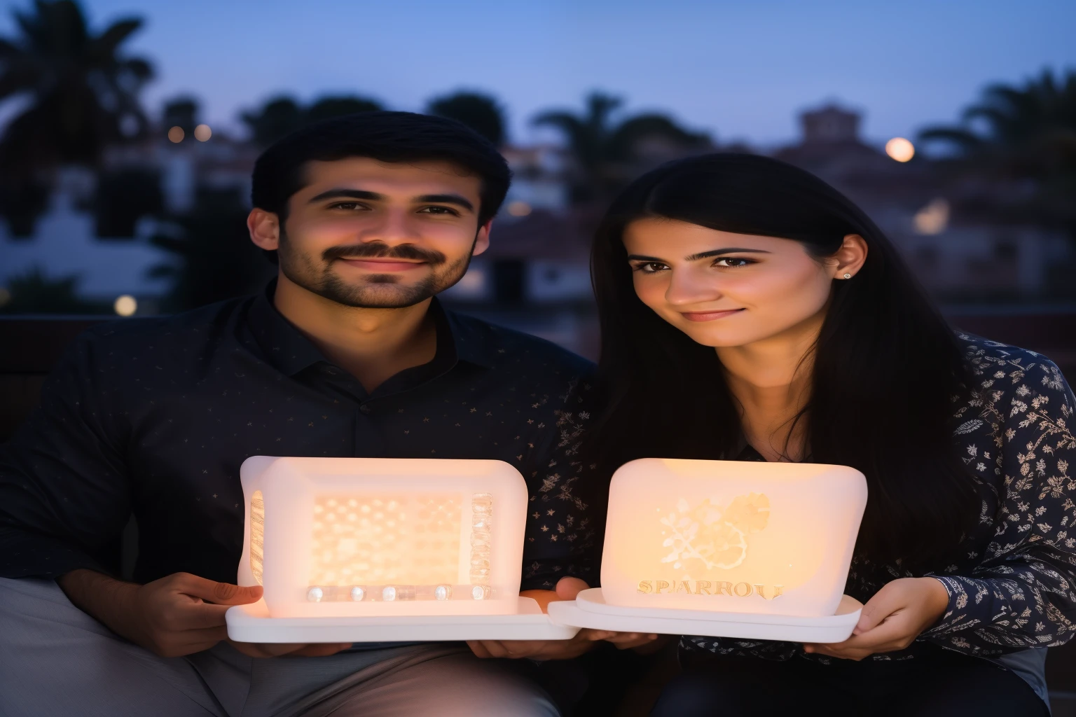 RAW photo, studio portrait of a Spanish couple wearing semi formal clothes looking at the camera, (high detailed skin:1.2), 8k uhd, dslr, soft cinematic lighting, high quality, film grain, Fujifilm XT3 holding water lanterns