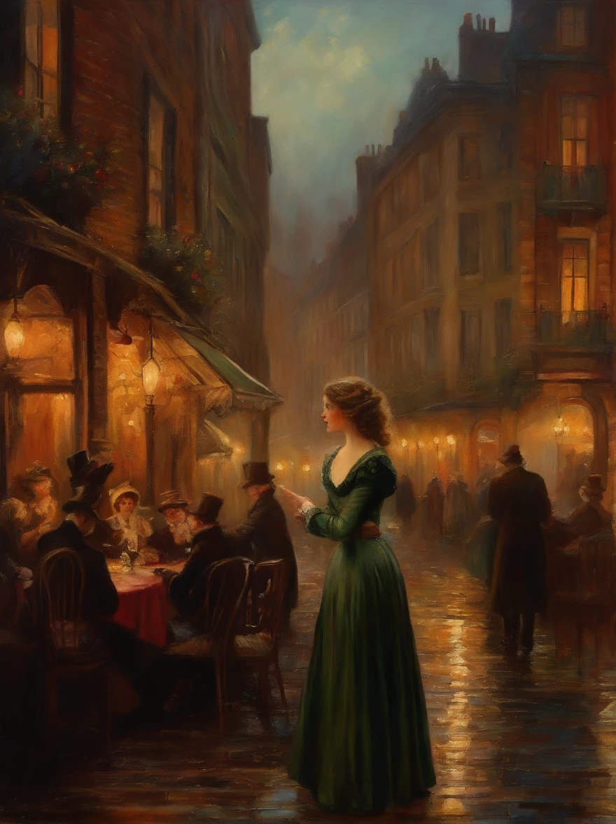 1900's cityscape in turner style ,victorian painting , beautiful girl
