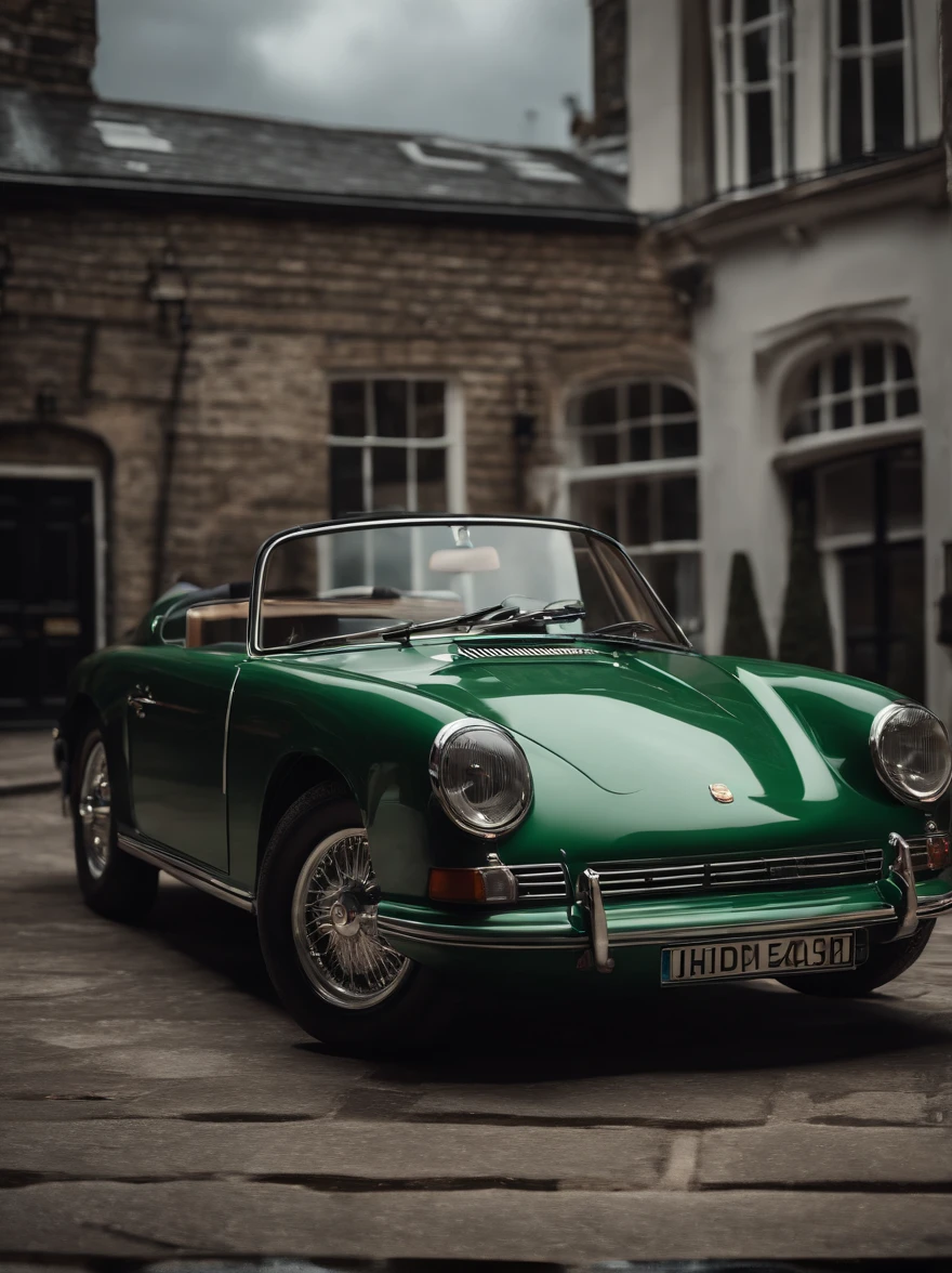 british,green,old,porche,top view,drone shot,close up,(best quality,4k,8k,highres,masterpiece:1.2),ultra-detailed,(realistic,photorealistic,photo-realistic:1.37),vivid colors,HDR,UHD,studio lighting,sharp focus,physically-based rendering,extremely detailed windows and tires,classic design,detailed interior,shiny paintwork,chrome accents,retro atmosphere,artistic angles,urban backdrop,glowing streetlights,iconic British car,powerful presence,luxury vehicle