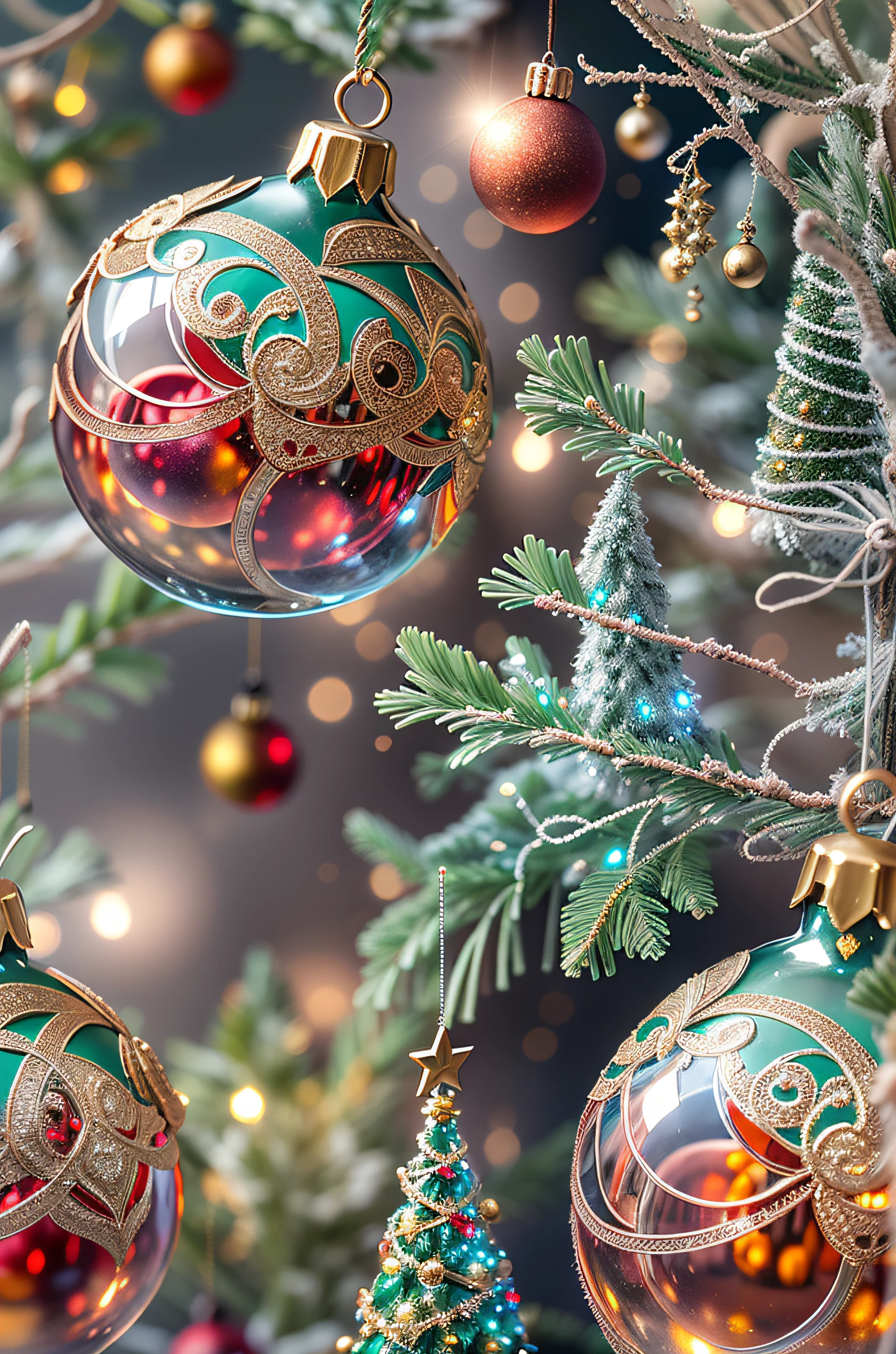 Solo glass realistic Christmas tree decoration, shiny glass surface, delicate detail, Intricate Patterns, bright colours, beautiful reflection, handmade masterpiece, Exquisite craftsmanship, intricate design, Sparkling, elegant, Festive atmosphere, traditional symbol, hanging on a tree, Capturing light, Adding a touch of glamor, holiday decoration, Heirloom quality, translucent, glowing with warmth, sparkling with joy, delicate glass, Crystal clear, Shimmering, reflective ambient light, Fragile beauty, catch the magic of the season, sparkling like a jewel, bringing joy and joy, difficult work with glass, exquisite holiday atmosphere, convey the Christmas spirit. (Best Quality, hight resolution, Realistic, Vivid colors, studio lightning), festive, Joyful, Magical, holiday, Christmas.