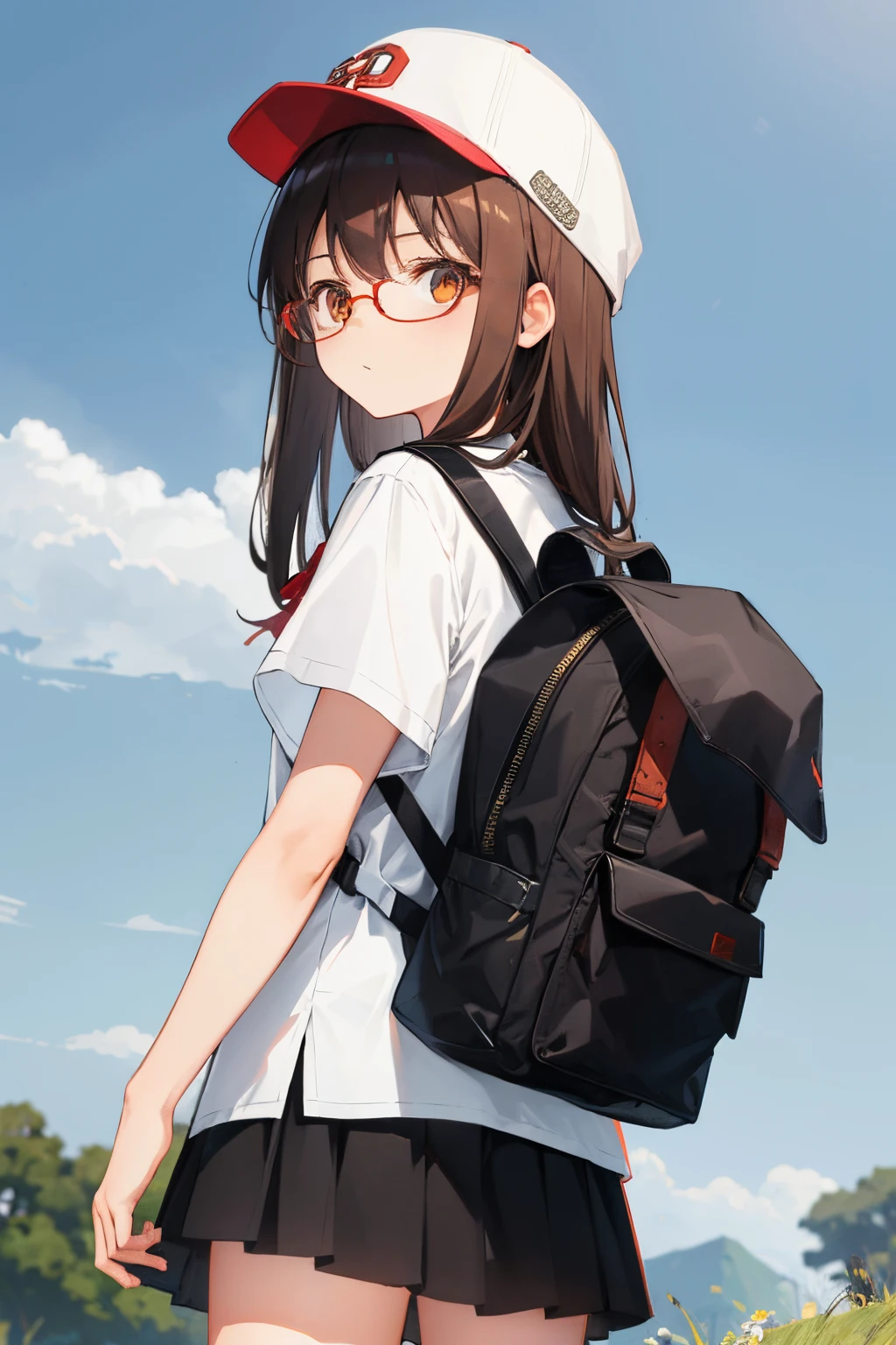 girl with,Black underwear,Brown hair,Amber eyes,top-quality,White cap,White blouses,Red glasses,countryside,backpack,Cool clothes