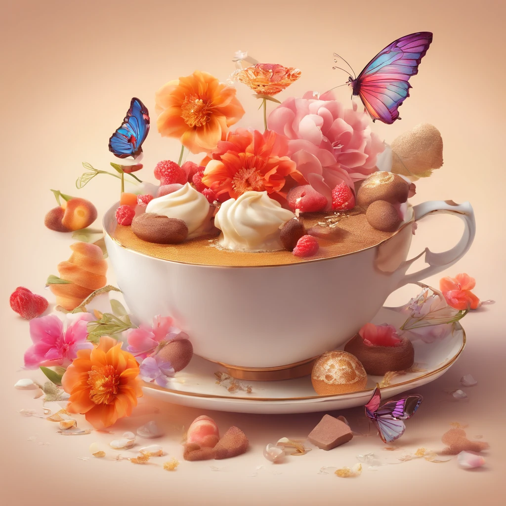 projected inset, Rococo style, hyper HD, masutepiece, ccurate, Super Detail, high details, awardwinning, High quality, 8K
(Close up of royal premium tea cup and whipped cream cake),(scoop,fresh flowers,butterflys,Chocolate)(Perfect integration:1.37),Surrealist amazing food illustrations, amazing composition, Cooking Art Photography, Great food pictures, 3 Illustrations, Artwork Baking, cinema 4 d art, Authors:by Marie Bashkirtseff, made with photoshop, 3D Collage, 3 d epic illustrations, beeple. hyperphotorealism