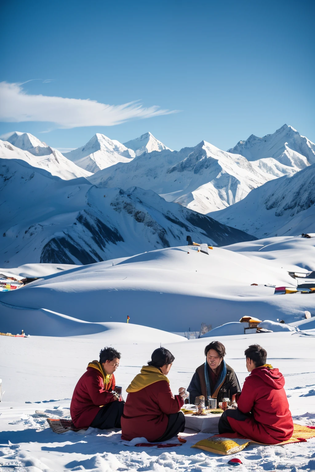 4K screen, Several Tibetan boys wearing Tibetan clothes are drinking tea on the prairie under the snow-capped mountains.,Many cows and sheep are grazing leisurely