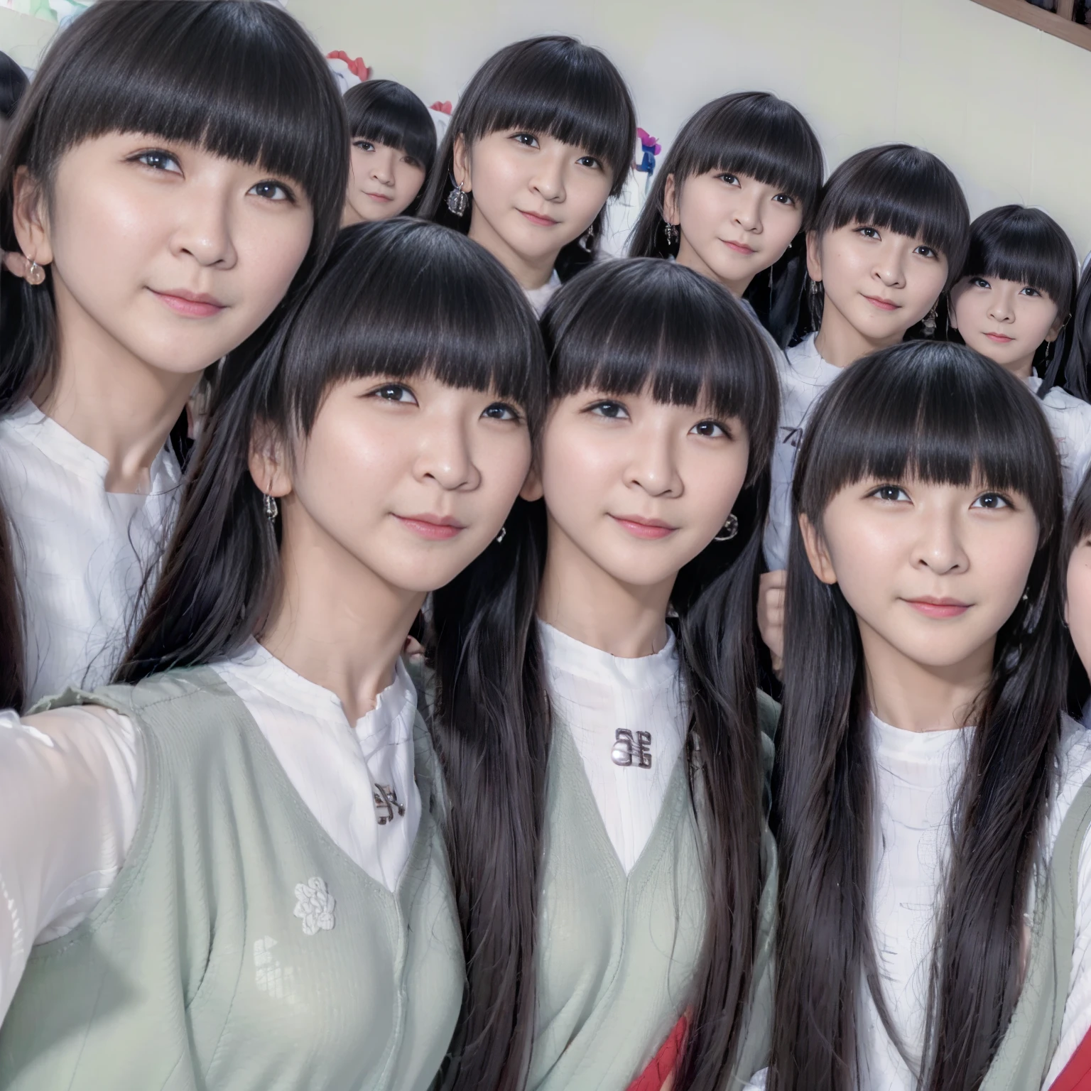 Raw photo、(((multiple girls))),((((6+girls)))),Women only、The same face、School Uniform、12 years old、Long black hair、10 cute girls、ssmile、selfee、‎Classroom、(((Large group)))、a junior high school student