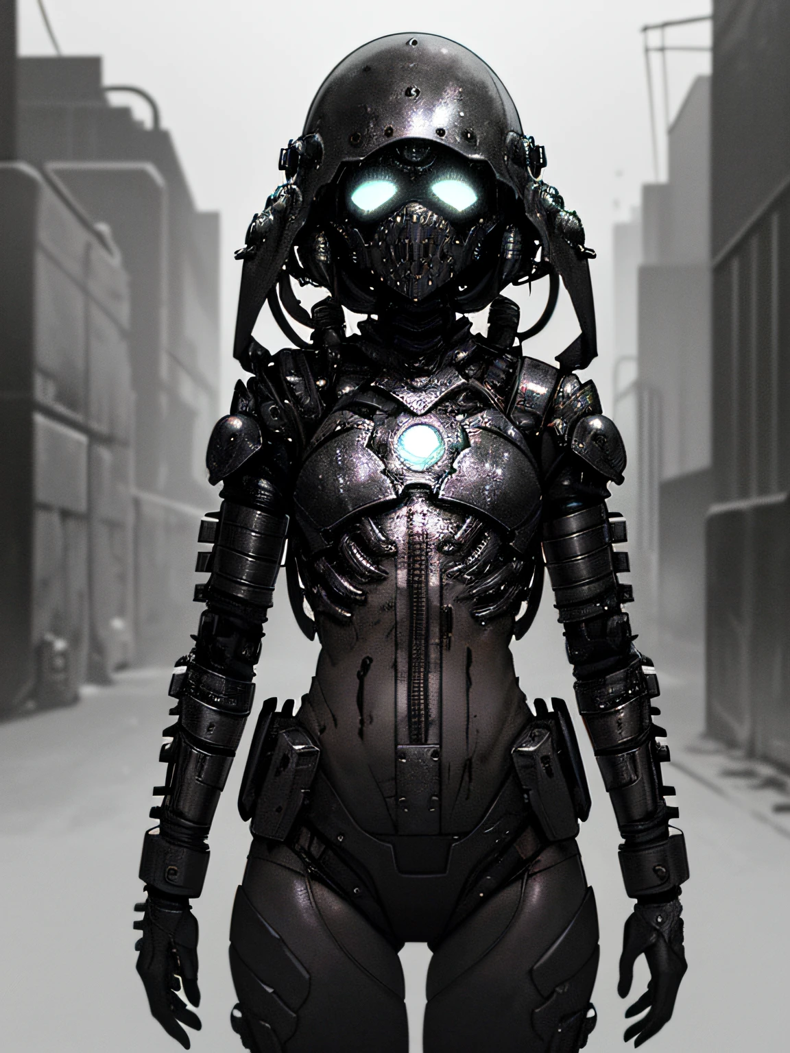 ((gloomy biopunk atmosphere)), ((biopunk beautiful girl)), dark gray skin, iron helmet, biopunk clothes, open belly, piercing, dark gray worms, gloomy cold lighting, grey desert, grey wasteland, lots of grey sand, (scorn videogame style), horror atmosphere, (presence of something terrible), highly detailed biopunk background, background by Hans Giger, perfect anatomy, masterpiece