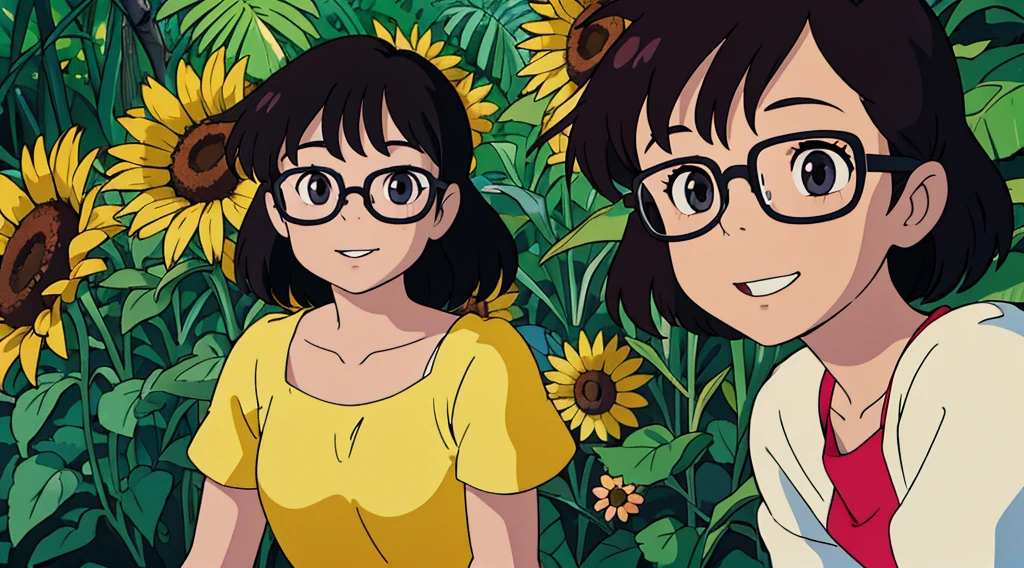 Beautiful girl with glasses, Cabello largo y negro, ramo de girasol y rosas rojas, colores brillantes, sonriente, Calidad 8K, cinematic focus, ojos cerrados