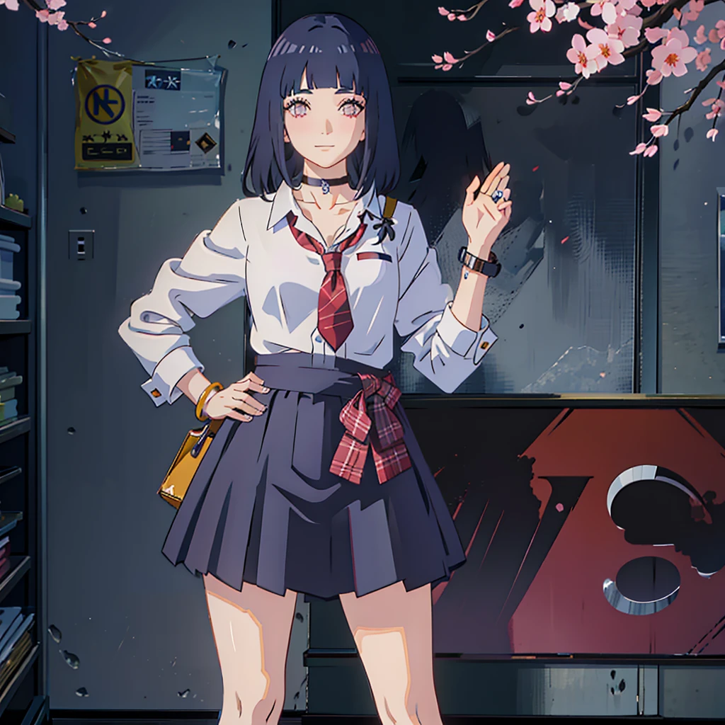 masterpiece, best quality, salute, hand on hip, full body,
1girl, blunt bangs, black choker, black necktie, dark blue hair, blue skirt, blush, bracelet, breasts, choker, clothes around waist, collarbone, collared shirt, cowboy shot, dress shirt, ear piercing, eyebrows visible through hair, grin, gyaru, jewelry, kogal, long hair, looking at viewer, loose necktie, necktie, piercing, plaid, plaid skirt, pleated skirt, red eyes, ring, school uniform, shirt, skirt, smile, solo, white shirt,
street, sky, cherry blossoms, petals, hinata hyuga, TMND-Mix_II
