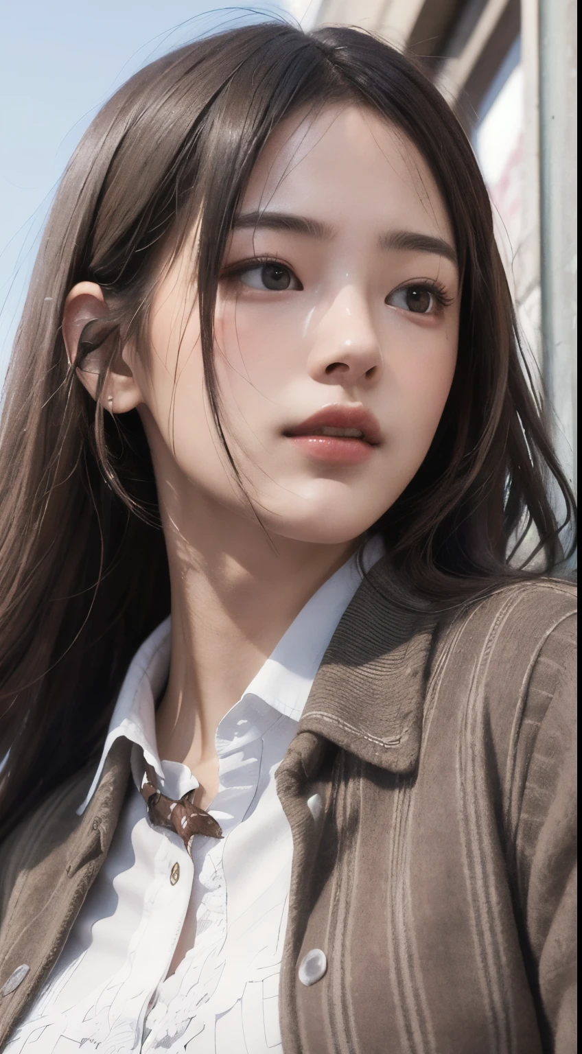 Photorealistic, masutepiece, Best Quality, Raw photo, 1girl in, Solo, Long hair, Brown hair, Detailed face, alluring face, Collared shirt, medium breasts, Dynamic Pose, Looking at Viewer, From below, Detailed background, fine detailed, intricate detailes, Ray tracing, depth of fields, lowkey, nffsw