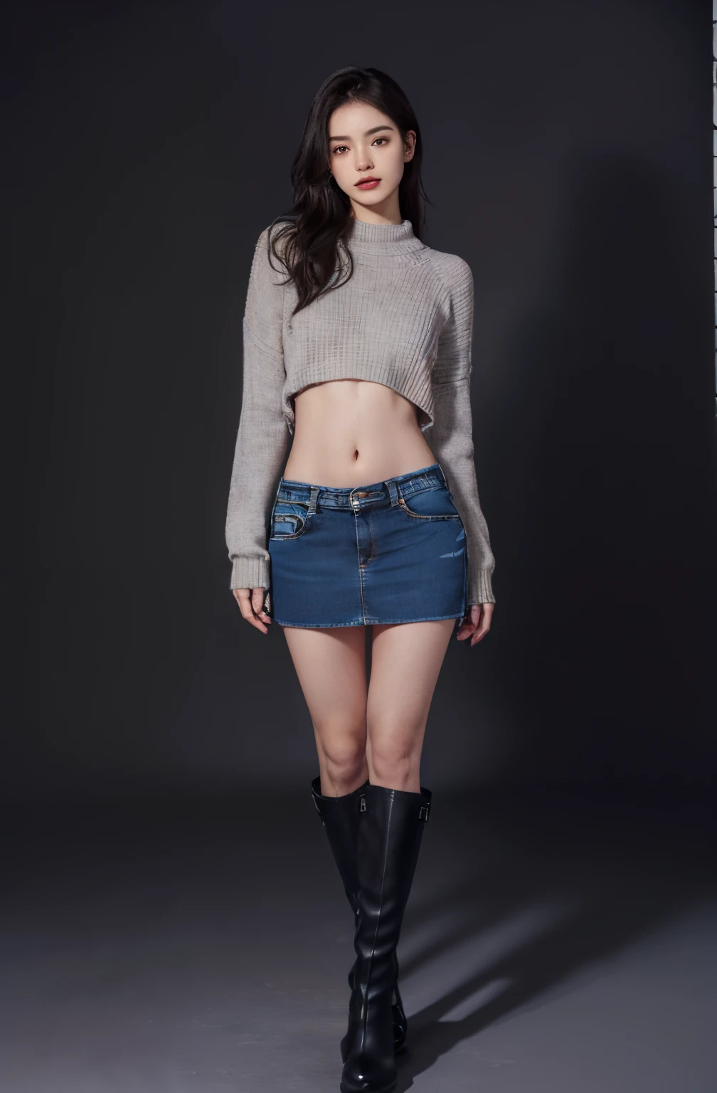 (masuter piece:1.3)、(8K、Photorealsitic、Raw photography、top-quality: 1.4)、(1girl in)、美丽的面容、(Lifelike face)、(A dark-haired、Long)、
Beautiful hairstyle、realisticeyes、Beautiful details、(real looking skin)、Beautiful skins、absurderes、enticing、超A high resolution、A hyper-realistic、high-detail、the golden ratio、
((wide open abdomen))、((open abdomen))、((wide open navel))、((open navel))、((Mid-Riff Sweater))、((Ultra-low rise、Denim Mini Skirt))、
((Navel Ejection))、((small hips))、((Full body depiction))、((small hip))、(long boots)、((Ultra-low rise))、((Denim Mini Skirt))、((is standing))、((wide open abdomen))、((open abdomen))、((wide open navel))、((open navel))、((Mid-Riff Sweater))、((Ultra-low rise、Denim Mini Skirt))、
((Navel Ejection))、((small hips))、((Full body depiction))、((small hip))、(long boots)、((Ultra-low rise))、((Denim Mini Skirt))、((is standing))、