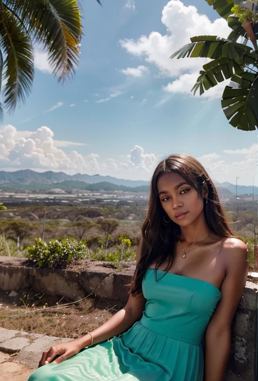 Em um campo verde, highes definition, 4k, bem detalhado,beira da montanha,observando o por do sol, clear, arm around the neck of a black girl sitting next to him, de costas para observador, a baixo da montanha uma lagoa, acima dessa lagoa o sol laranjado, highes definition
