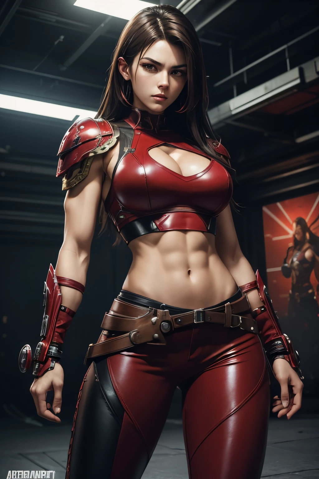 8K,Araphed woman wearing red and black chest armor in a fighting pose,Super beauty(Like the real thing) brown mohawk hair,Muscular and muscular slender body type,Split abdominal muscles,Muscular armor,very large breast,Tifa Lockhart, black and red leather pants,Slender muscular and macho lower body,fascinating super beauty,cyberpunk angry gorgeous goddess, alena aenami and artgerm, an oppai cyberpunk, deviantart artstation cgscosiety, Jason Chan, very detailed Artgerm, biomechanical oppai,action scene,Jumpy,Black eyes,sexy chest armor,