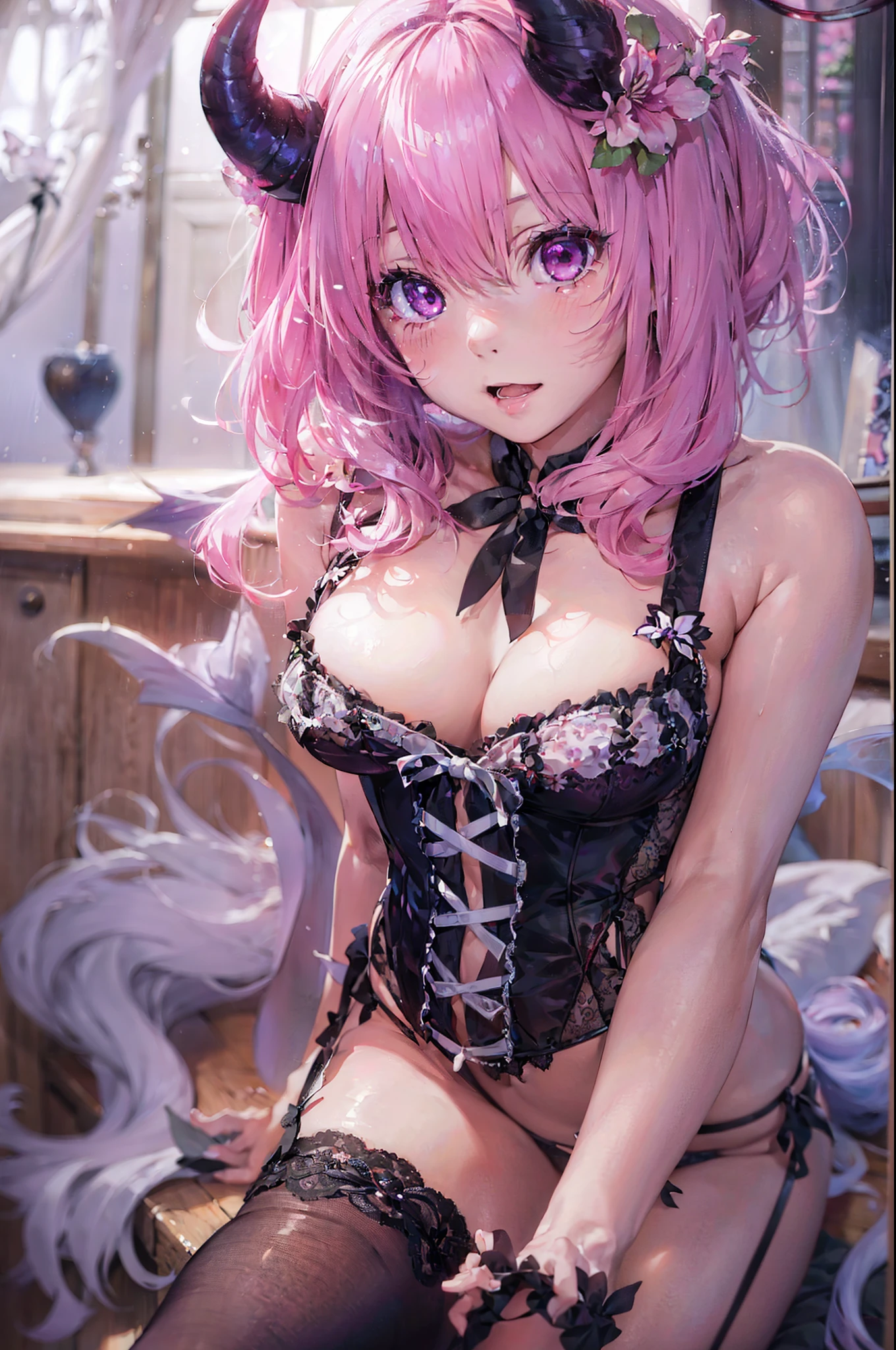 "((Momo Deviluke)), in realistic style, Mint Colored Lingerie with Garters and Corset, cinematic atmosphere, soft focus, ethereal glow, carefully posed, high resolution, mesmerizing details"demon tail,momo deviluke, demon tail, hair flower, hair ornament, (purple eyes:1.1), pink hair, short hair, tail,