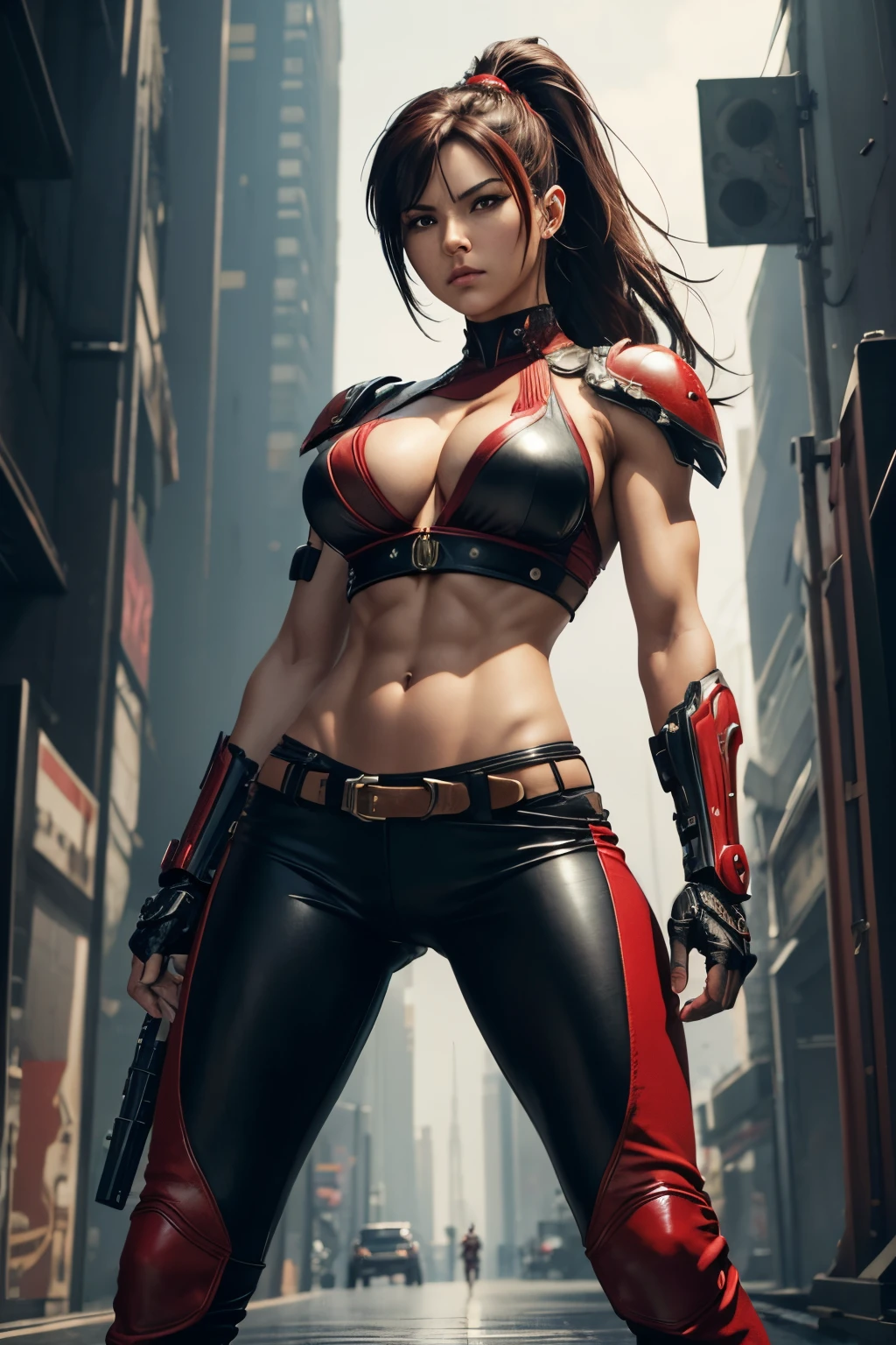 8K,Araphed woman wearing red and black chest armor in a fighting pose,Super beauty(Like the real thing) brown mohawk hair,Muscular and muscular slender body type,Split abdominal muscles,Muscular armor,very large breast,Tifa Lockhart, black and red leather pants,Slender muscular and macho lower body,fascinating super beauty,cyberpunk angry gorgeous goddess, alena aenami and artgerm, an oppai cyberpunk, deviantart artstation cgscosiety, Jason Chan, very detailed Artgerm, biomechanical oppai,action scene,Jumpy,Black eyes,sexy chest armor,