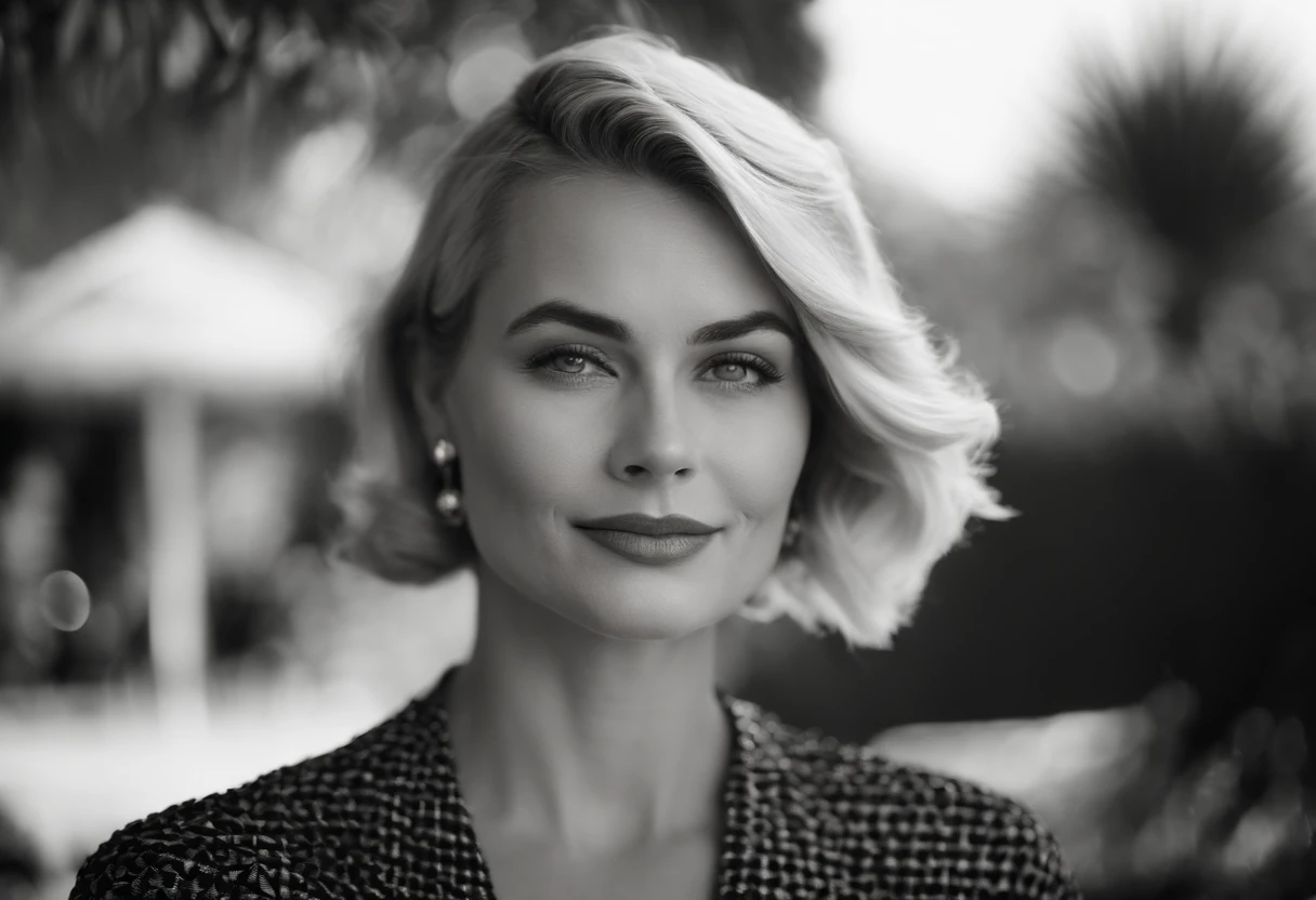 Young blonde woman with short hair, palm springs, 比基尼, California, mid century, bold black and white style, zeiss flat t * 80mm f/2.8, Stylish, fujifilm neo edition, s whole body, bold pattern, celebrity photos