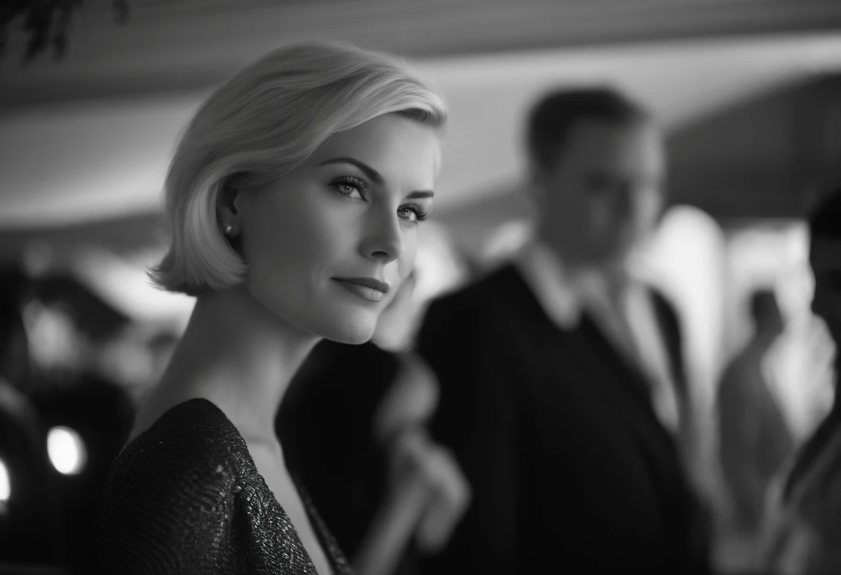 Young blonde woman with short hair, palm springs, 比基尼, California, mid century, bold black and white style, zeiss flat t * 80mm f/2.8, Stylish, fujifilm neo edition, s whole body, bold pattern, celebrity photos