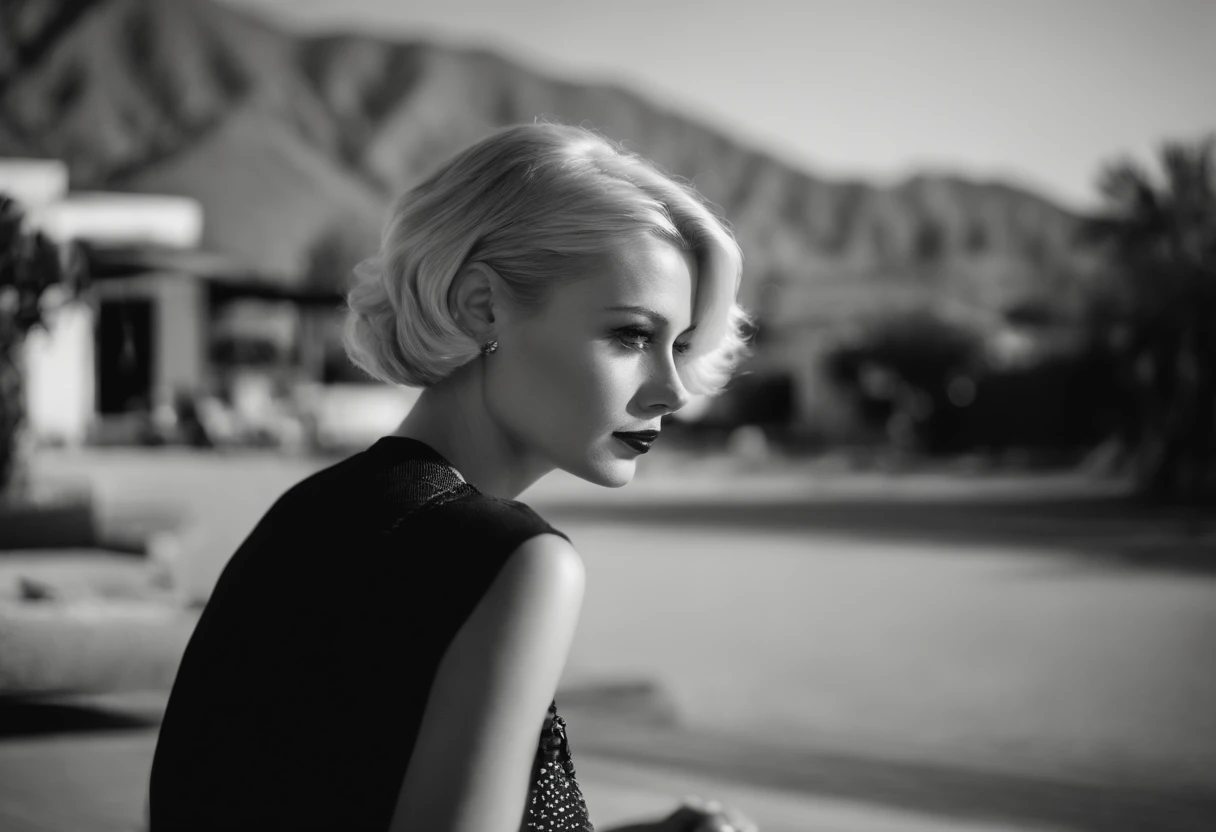 Young blonde woman with short hair, palm springs, 比基尼, California, mid century, bold black and white style, zeiss flat t * 80mm f/2.8, Stylish, fujifilm neo edition, s whole body, bold pattern, celebrity photos