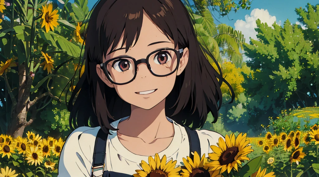 Beautiful girl with glasses, Cabello largo y negro, ramo de girasol y rosas rojas, colores brillantes, sonriente, Calidad 8K, cinematic focus, ojos cerrados