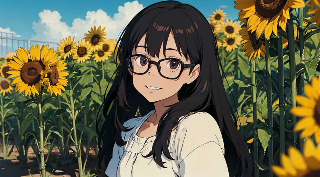 Beautiful girl with glasses, Cabello largo y negro, ramo de girasol y rosas rojas, colores brillantes, sonriente, Calidad 8K, cinematic focus, ojos cerrados
