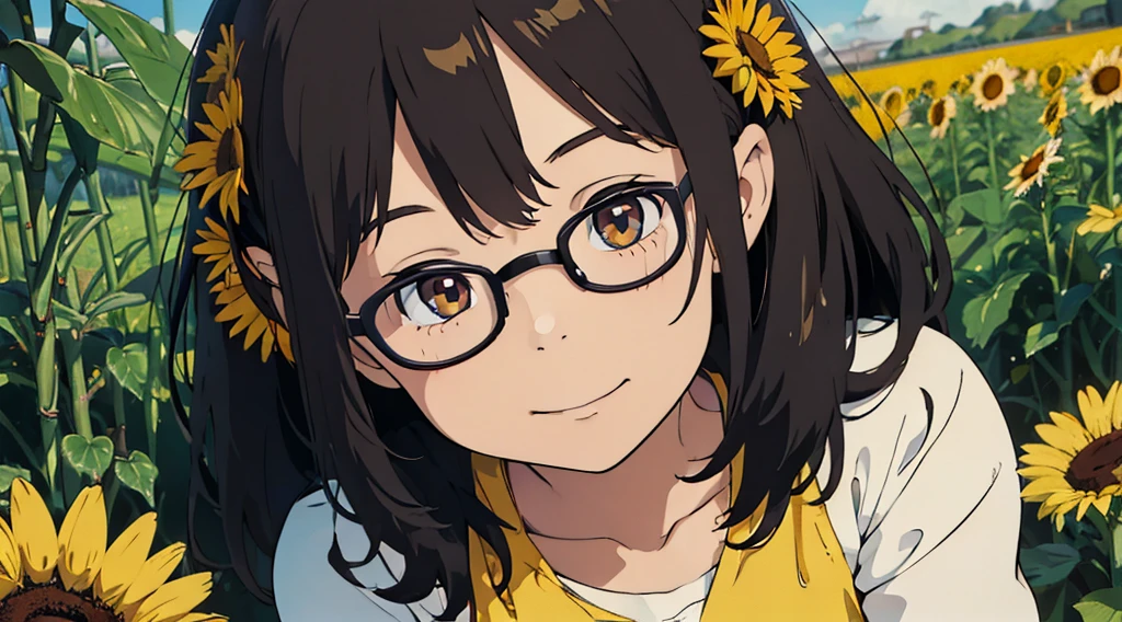 Beautiful girl with glasses, Cabello largo y negro, ramo de girasol y rosas rojas, colores brillantes, sonriente, Calidad 8K, cinematic focus, ojos cerrados