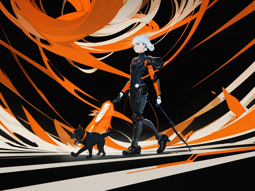 A black background with futuristic orange decorations, featuring a surreal futuristic woman in black foreground walking a robotic dog.