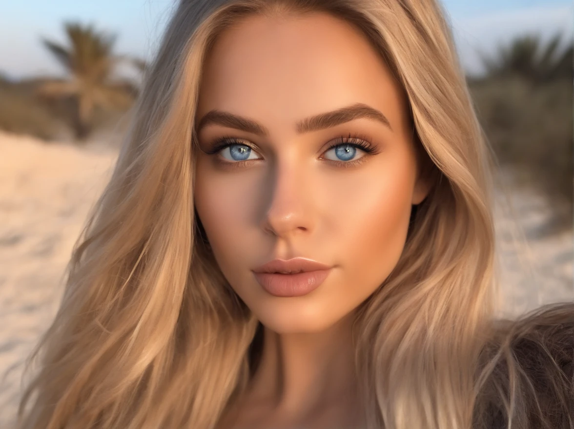 arafed woman fully , sexy girl with blue eyes, ultra realistic, meticulously detailed, portrait sophie mudd, blonde hair and large eyes, selfie of a young woman, violet myers, without makeup, natural makeup, looking directly at the camera, face with artgram, subtle makeup, stunning full body shot kneeling on the beach, medium to large size bust,blue leather micro mini bikini with knee high boots, ponytail tied hair, full head to toe image