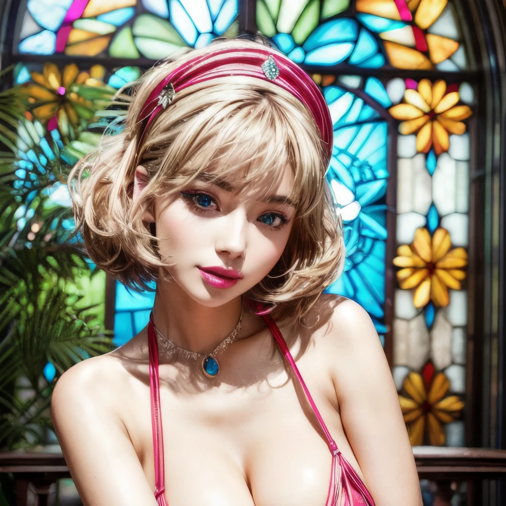 (best quality,ultra-detailed),(sexy junior idol,KAWAII face variations,absolutely beautiful details),concept art,eye-catching,back lighting,photorealistic:1.2,vivid colors,masterpiece:1.2,dynamic composition,high-definition,sharp focus,fine lines,breathtaking aesthetics,mind-blowing creativity,imaginative background,striking poses,expressive eyes,gorgeous lips,fashionable hairstyles,facial expressions,variety of outfits,unique accessories,confident attitude,sultry gazes,playful smiles,stylish makeup,artistic effects,attention to textures,perfect proportions,romantic ambience,soft and warm tones,luminous highlights and shadows, (colorful Light shines through delicate stained glass), short Bob, Gigantic Cleavage