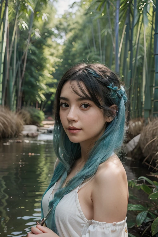 Masterpiece, Best Quality, official arts, 8k wallpaper, Very detailed, illustartion, 1 girl, skyblue hair, Long hair, 詳細な目, Forrest Gump, bare shoulders, Hanfu, Lake, too, soft smile, bamboo, tea