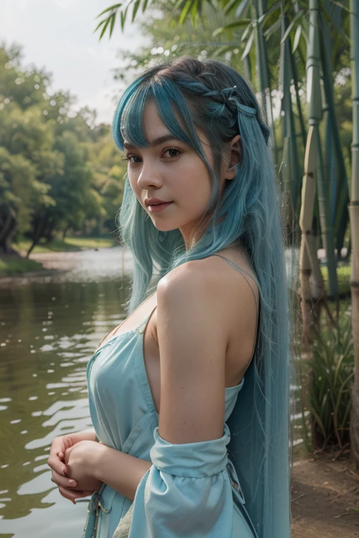 At night, RAW photo, (((extremely beautiful portrait))), ((glistening skin)), 1girl, 31 years old girl from Prague, ((natural blue hair)), [green eyes], long blue hair, eyeliner, fluttering hair, vibrance, ((masterpiece, best quality, hyper detailed, Cinematic light, intricate details, highres, 8k, extremely detailed)), detailed background, 8k uhd, dslr, soft lighting, high quality, film grain, Fujifilm XT3, shallow depth of field, natural light, (perfect hands), perfect face, view from a distance