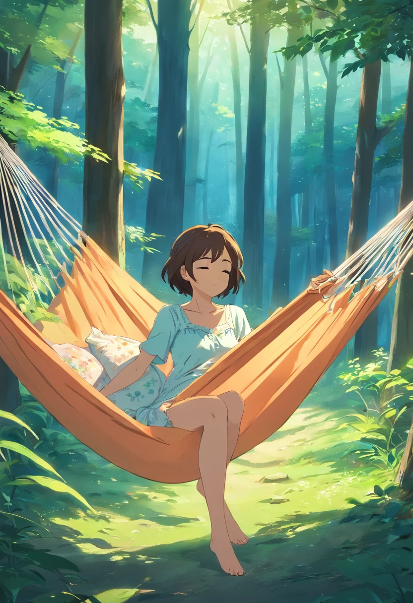 masutepiece, Hi-Res, girl,Sleeping in a hammock, nightgown, (Travel Lady), the woods, Trees, mount, teepee, picnic, adventure