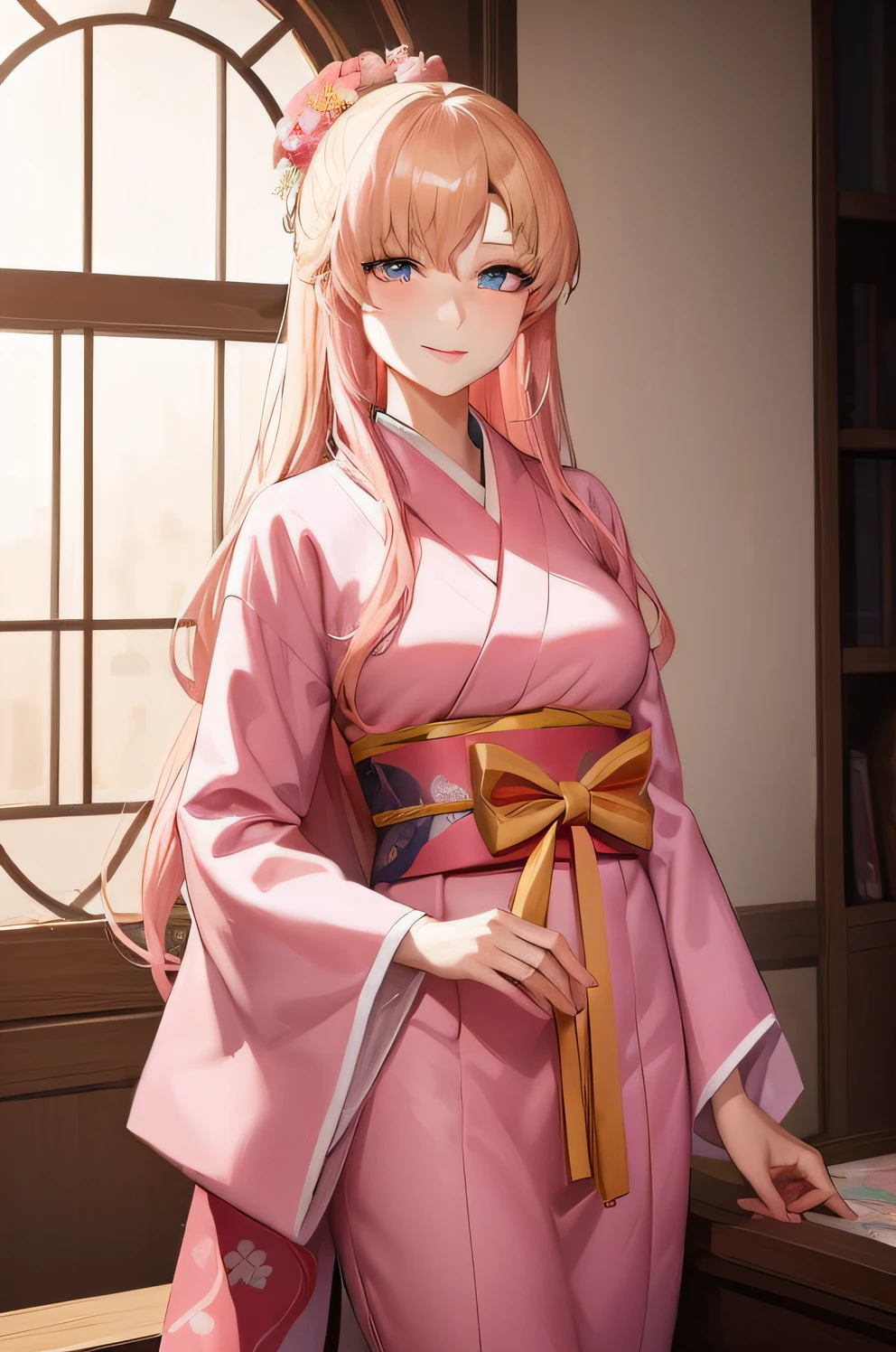 a woman in a pink kimono is standing in front of a window, aristocratic features, blonde with red highlights in long hair, elaborate looking obi, floral accessory in hair, bluish-purple eyes, curvy body, slim waist, knowing smile