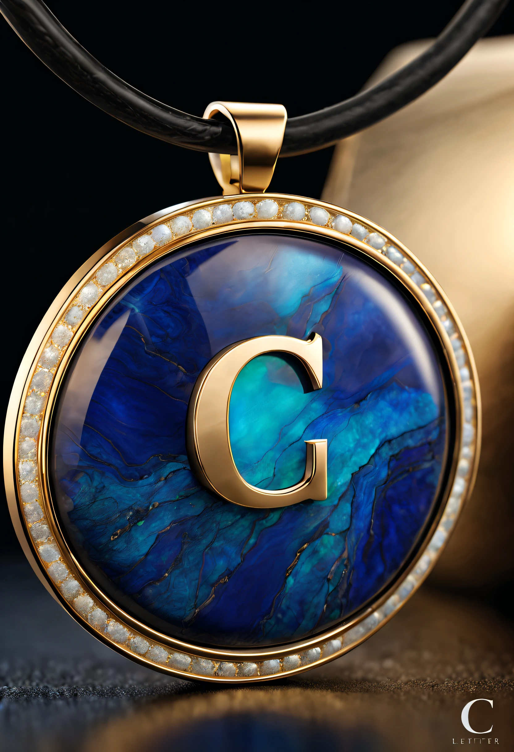 pendant design,Logo design,European and American minimalist style,sense of science and technology, (pendant design for letter c), (double opal:1.0), Black gold border, lapis lazuli,turquesa,black shell,Van Cleef & Arpels Cartier, Background with: The white,The content is very detailed, Best quality at best, tmasterpiece, A high resolution, hyper realisitc, 8K,gentlesoftlighting,
waiting to start