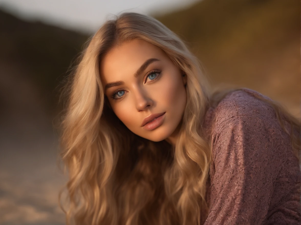 arafed woman fully , sexy girl with blue eyes, ultra realistic, meticulously detailed, portrait sophie mudd, blonde hair and large eyes, selfie of a young woman, violet myers, without makeup, natural makeup, looking directly at the camera, face with artgram, subtle makeup, stunning full body shot kneeling on the beach, medium to large size bust,wearing pijamas, (soft backlight)