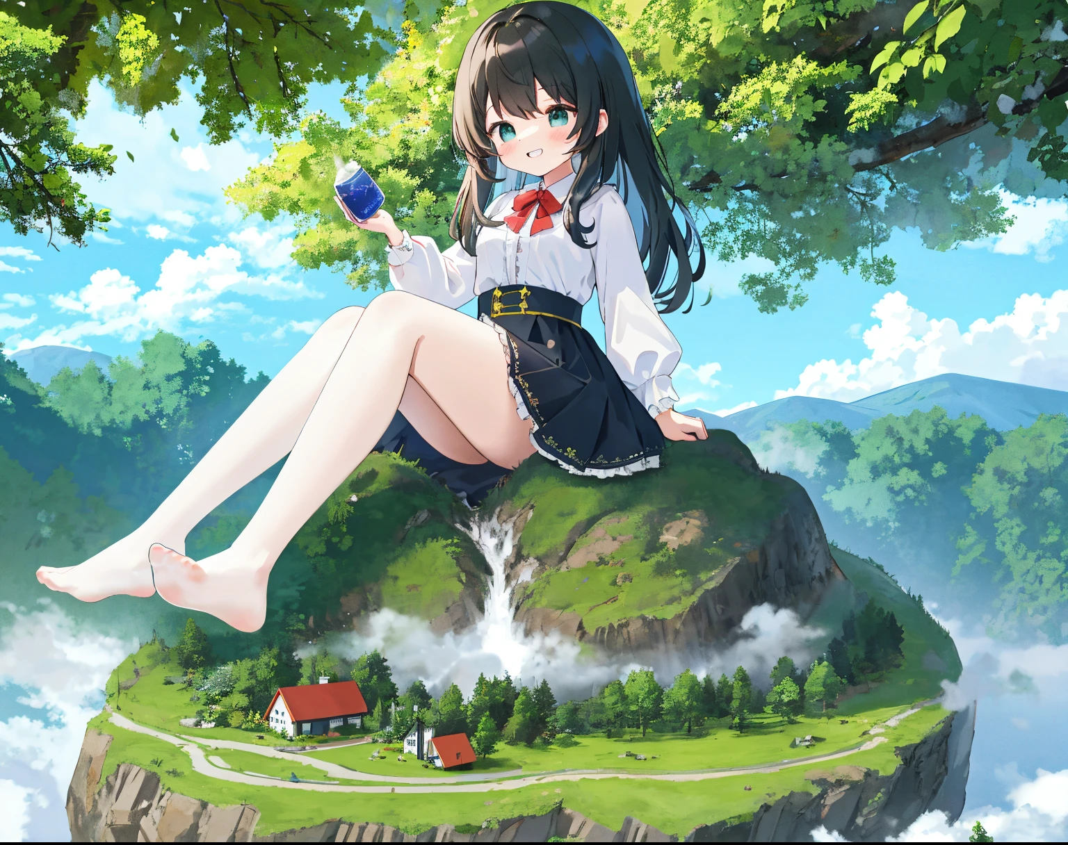 ，cloud， at a forest，mountain ranges，koyama， tmasterpiece, Best quality, The content is very detailed,tmasterpiece,Best quality,offcial art,extremely detaild的 CG unified 8k wallpapers，{{{A giantess}}}，Huge girl，100 meters tall girl，1个Giant Breast Girl，Miniature village，without wearing shoes，Grinning，Sitting in the forest ，Steam coming out of feet，