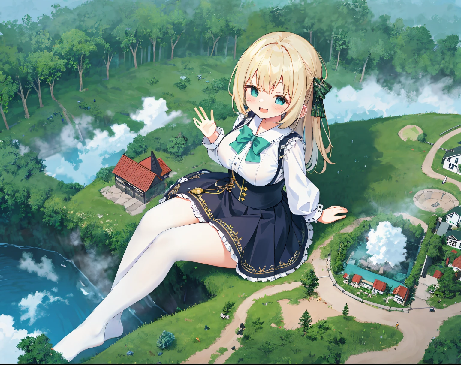 ,cloud, at a forest,mountain ranges,koyama, tmasterpiece, Best quality, The content is very detailed,tmasterpiece,Best quality,offcial art,extremely detaild的 CG unified 8k wallpapers,{{{A giantess}}},Huge girl,100 meters tall girl,1个Giant Breast Girl,Miniature village,without wearing shoes,Grinning,Sitting in the forest ,Steam coming out of feet,