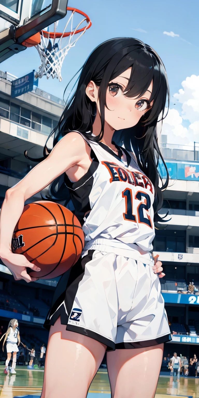 Random basketball player white skin girl, happy, cute shy girl, white long hair, sexy, slim, poser, tomboy, cool basketball court background, black binnie ,