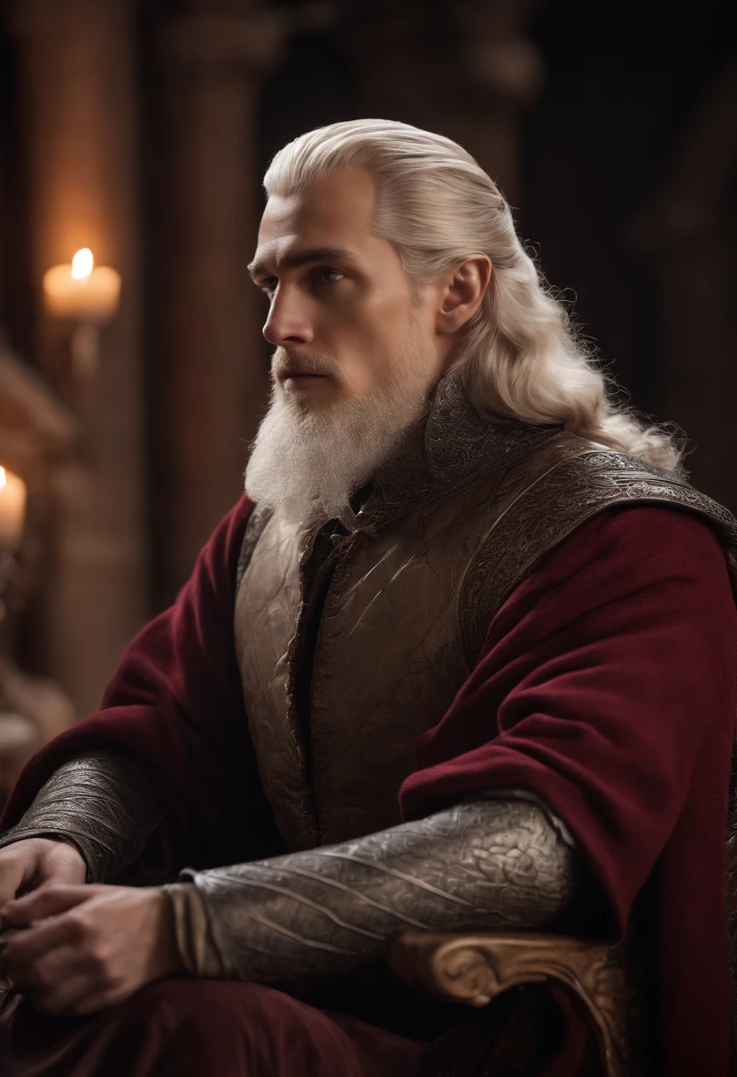 Aemond Targaryen sitting in the solar of the Red Keep, immersed in deep thought, surrounded by parchments and maps as he plans the next strategic move.,A Song of Ice and Fire,His physical presence is characterized by silver, straight, and well-kept hair cascading down a long and sharp face. A sharp jawline, straight nose, pointed chin, and the unique feature of a missing right eye add to his distinctive appearance. The left eye, a striking lilac hue, draws attention, with the empty right eye socket adorned by a blue sapphire or concealed by an eyepatch. Thin lips, a pale complexion, and a serious expression complete his visage. Aemond's tall, slim, and lithe build contributes to an overall image of strength and regality.