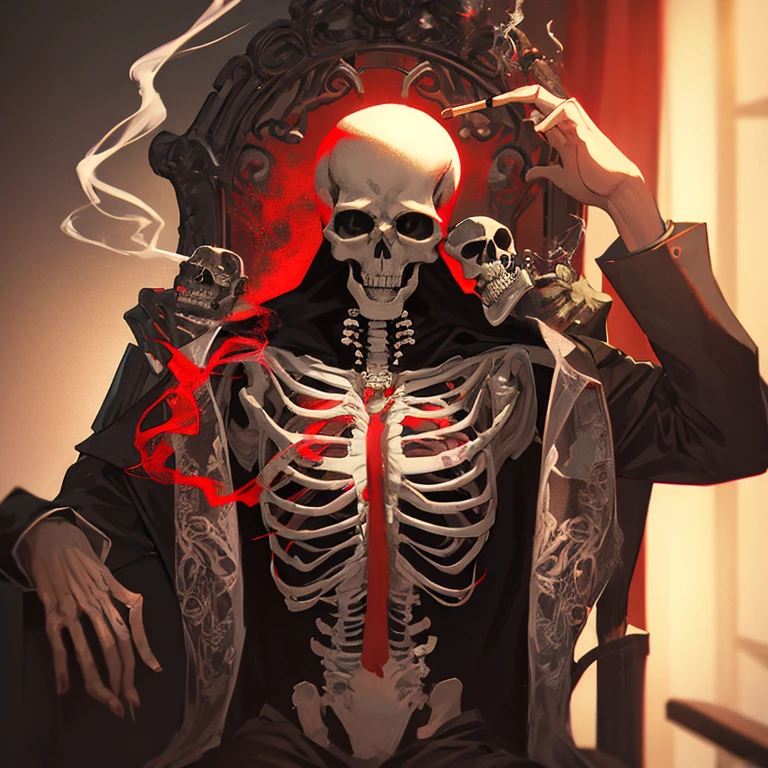 A full body shot of a Skeleton woman, skull head wearing a black suit, posing like a model, smoking a cigar and drinking whiskey , skull face,cinematic,8k,by Stanley Artgermm,Tom Bagshaw,Greg Rutkowski,Carne Griffiths, Ayami Kojima, Beksinski, Giger,trending on DeviantArt,hyper detailed,horror, black grey and red colour