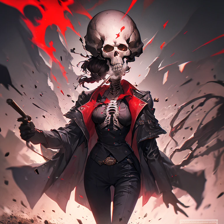 A full body shot of a Skeleton woman, skull head wearing a black suit, posing like a model, smoking a cigar and drinking whiskey , skull face,cinematic,8k,by Stanley Artgermm,Tom Bagshaw,Greg Rutkowski,Carne Griffiths, Ayami Kojima, Beksinski, Giger,trending on DeviantArt,hyper detailed,horror, black grey and red colour